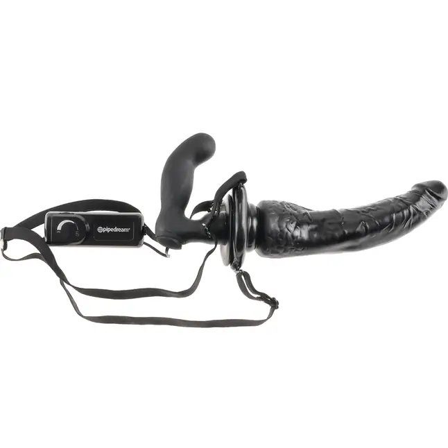 Черный страпон с вагинальной пробкой Deluxe Vibrating Penetrix Strap-On - 19 см - Fetish Fantasy Series. Фотография 4.