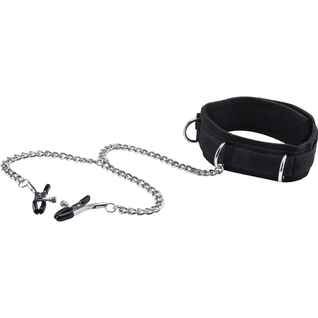 Чёрный воротник с зажимами для сосков Velcro Collar - Ouch!