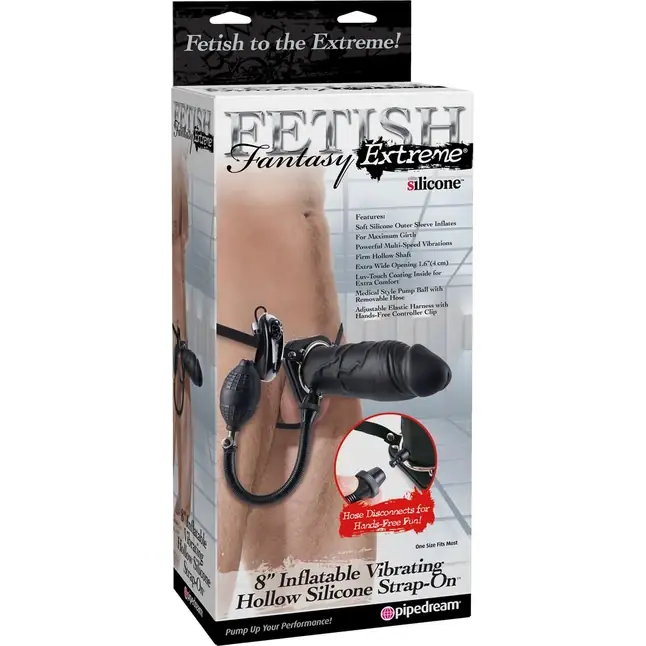 Черный полый увеличивающийся страпон с вибрацией Inflatable Vibrating Hollow Silicone Strap-On - 20 см - Fetish Fantasy Extreme. Фотография 4.