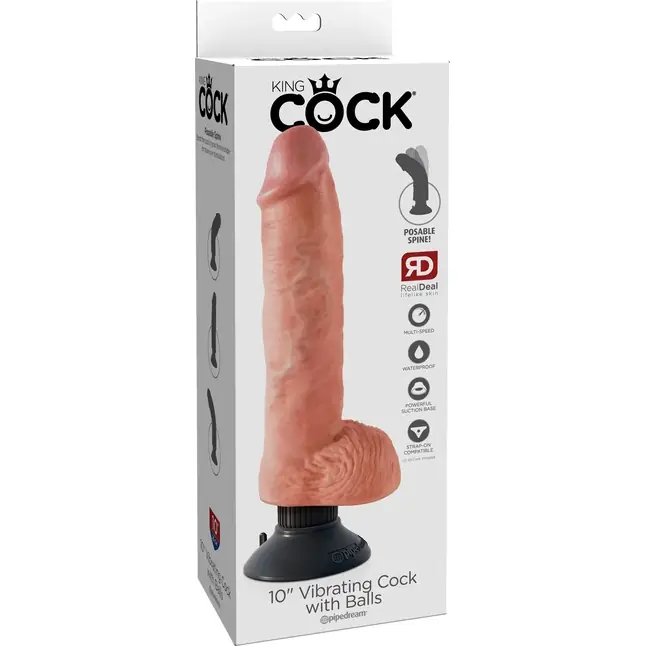 Телесный вибромассажер 10 Vibrating Cock with Balls - 25,4 см - King Cock. Фотография 7.