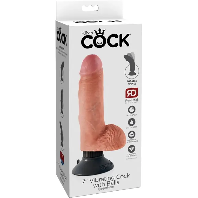 Телесный вибратор с мошонкой и съемной присоской 7 Vibrating Cock with Balls - 17,8 см - King Cock. Фотография 7.