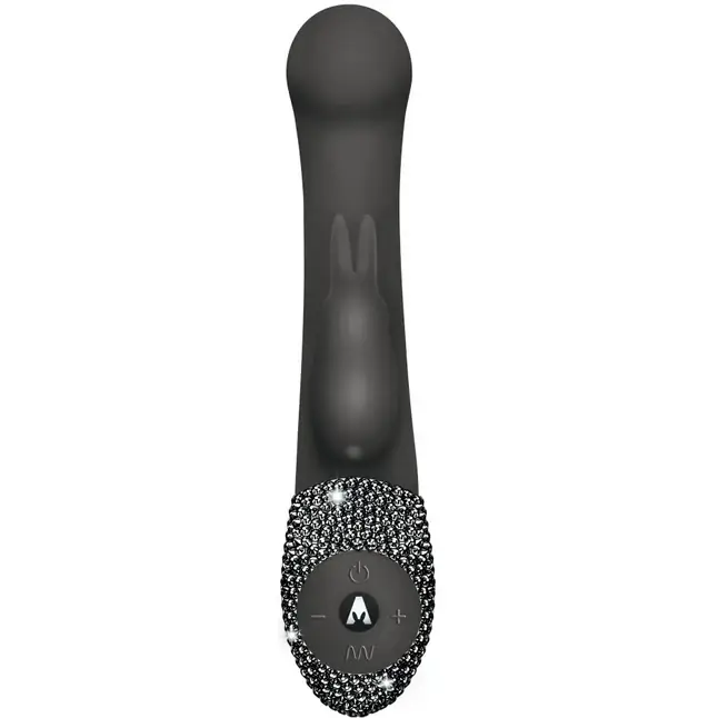 Чёрный вибратор The G-spot Rabbit со стразами на рукояти - 22 см. Фотография 2.