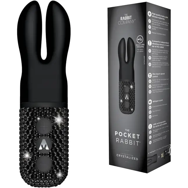 Чёрный вибратор с ушками The Pocket Rabbit, украшенный кристаллами