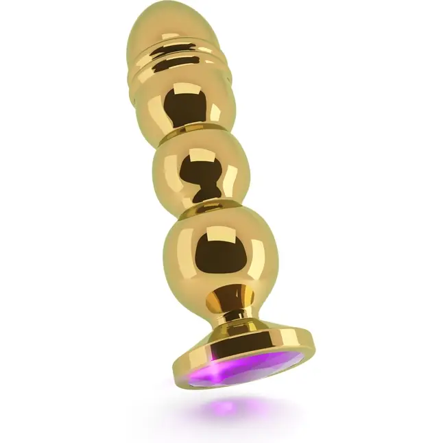 Золотистая фигурная анальная пробка R10 RICH Gold/Purple с фиолетовым кристаллом - 14,5 см - Rich