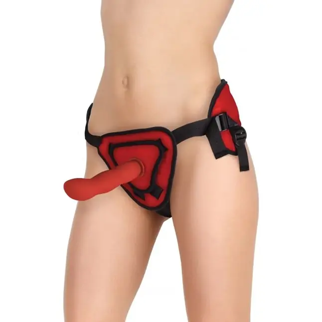 Красный страпон Deluxe Silicone Strap On 8 Inch с волнистой насадкой - 20,5 см - Ouch!