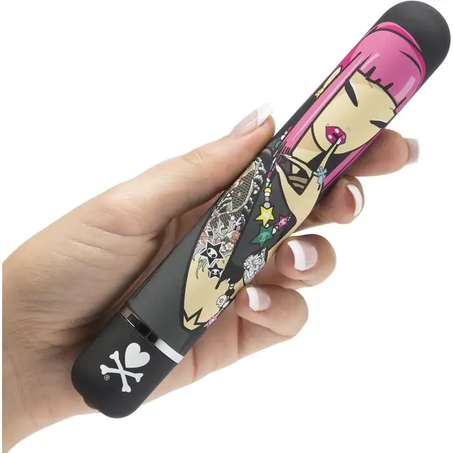 Чёрный вибратор с принтом CLASSIC VIBRATOR BLACK PINK LIPSTICK WOMAN - 18,4 см. Фотография 3.