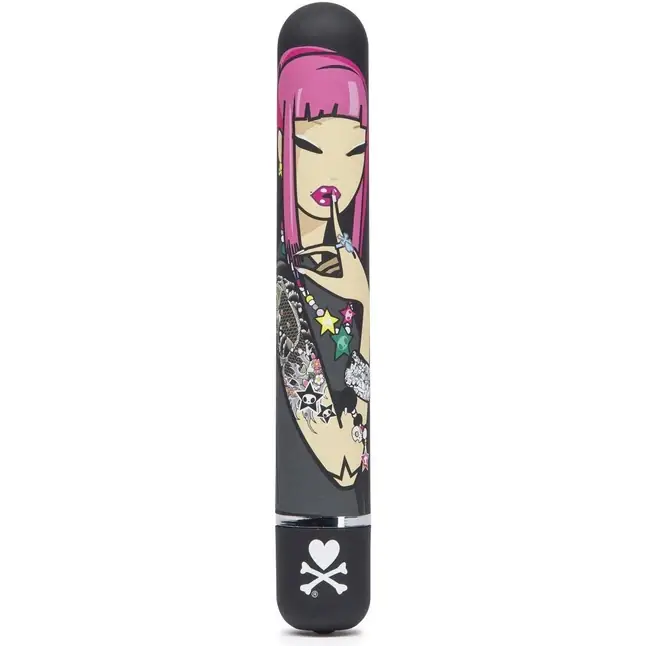 Чёрный вибратор с принтом CLASSIC VIBRATOR BLACK PINK LIPSTICK WOMAN - 18,4 см
