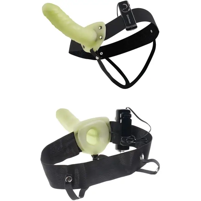 Флуоресцентный полый страпон унисекс с вибрацией For Him or Her ​Vibrating Hollow Strap-On - 15 см - Fetish Fantasy Series. Фотография 4.
