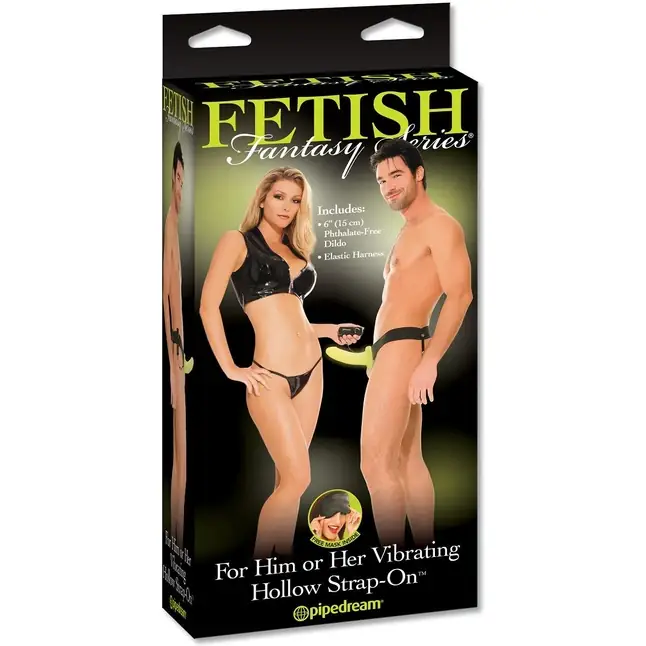 Флуоресцентный полый страпон унисекс с вибрацией For Him or Her ​Vibrating Hollow Strap-On - 15 см - Fetish Fantasy Series. Фотография 8.