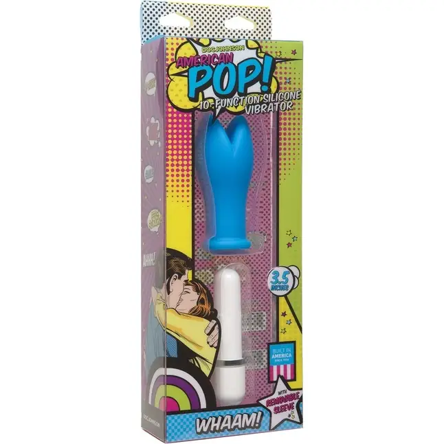 Голубой мини-вибатор с раздвоенным кончиком Whaam! 10 Function Silicone Vibrator - 8,89 см - American POP!. Фотография 2.