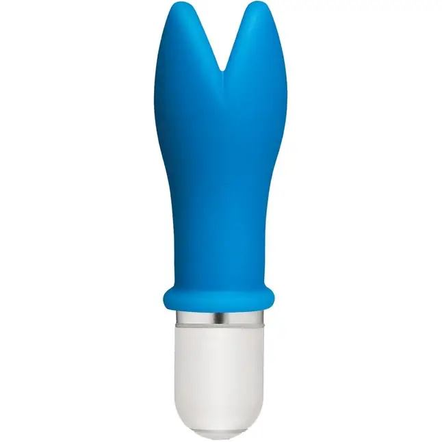 Голубой мини-вибатор с раздвоенным кончиком Whaam! 10 Function Silicone Vibrator - 8,89 см - American POP!