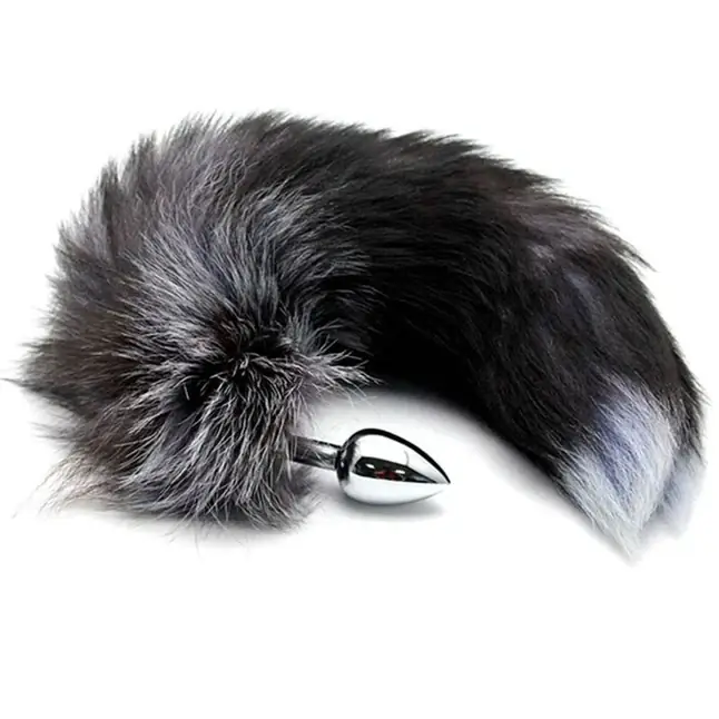 Серебристая анальная пробка с темным лисьим хвостом Black White Fox Tail Size S - Alive