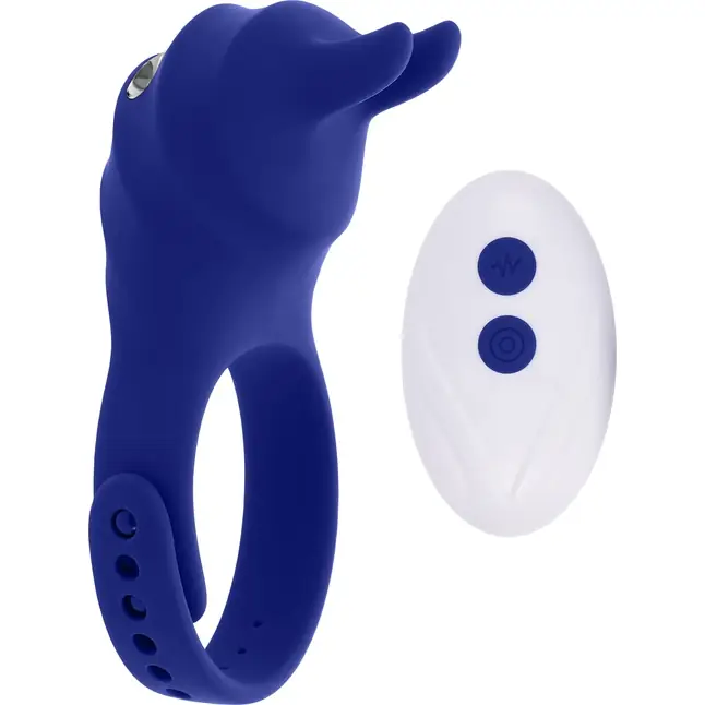 Синее эрекционное виброкольцо с клиторальной подушечкой и пультом ДУ Adjustable Fun Ring