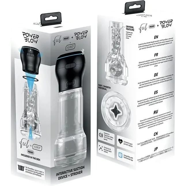 Набор PowerBlow Feel Pocket Stroker Crystal: мастурбатор и интерактивная насадка. Фотография 5.