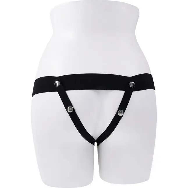 Телесный полый страпон с черными эластичными ремешками Our First Hollow Strap On. Фотография 4.