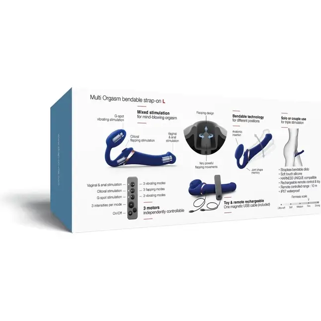 Синий безремневой страпон Multi Orgasm Bendable Strap-On size L с клиторальной стимуляцией. Фотография 7.