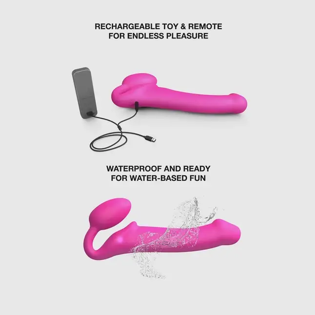 Ярко-розовый безремневой страпон Strap-on-me Vibrating Bendable Strap-On size XL. Фотография 3.