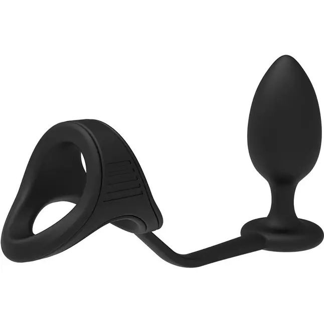 Черное эрекционное кольцо с анальной пробкой Cockstrap With Anal Plug - Ramrod. Фотография 2.