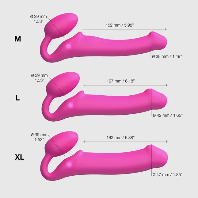 Ярко-розовый безремневой страпон Strap-on-me Vibrating Bendable Strap-On size M. Фотография 3.