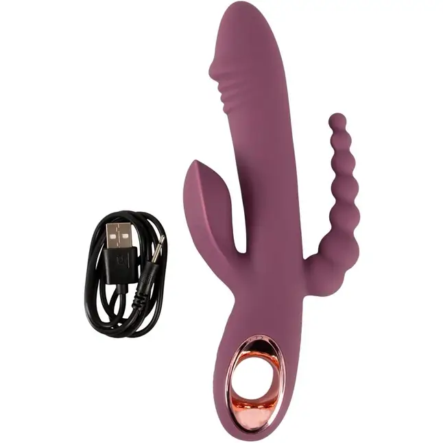 Сливовый вибратор с клиторальным отростком и анальным хвостом Slim Triple Plum - 21,4 см - You2Toys. Фотография 7.