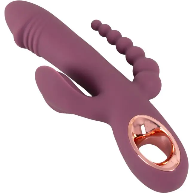 Сливовый вибратор с клиторальным отростком и анальным хвостом Slim Triple Plum - 21,4 см - You2Toys