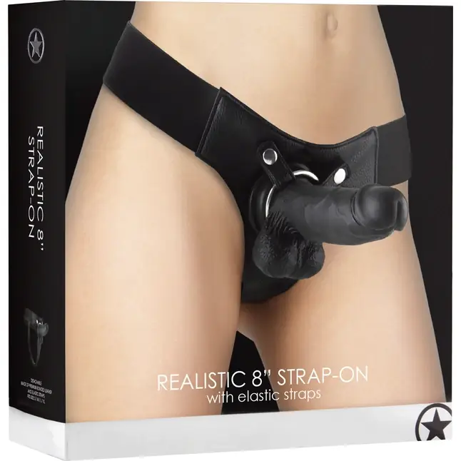 Чёрный страпон Realistic 8 Inch Strap-On - 20 см - Ouch!. Фотография 3.