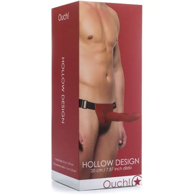 Красный полый страпон Hollow Design Strap On - 20 см - Ouch!. Фотография 2.