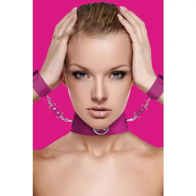 Розовый ошейник с наручниками Collar with Cuffs - Ouch!
