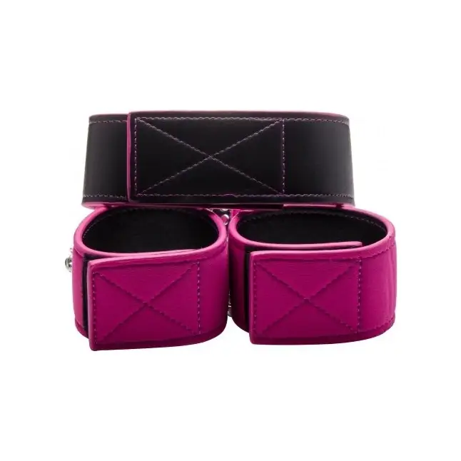 Чёрно-розовый двусторонний ошейник с наручниками Reversible Collar and Wrist Cuffs - Ouch!. Фотография 2.
