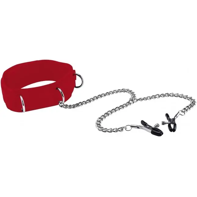 Красный воротник с зажимами для сосков Velcro Collar - Ouch!. Фотография 2.