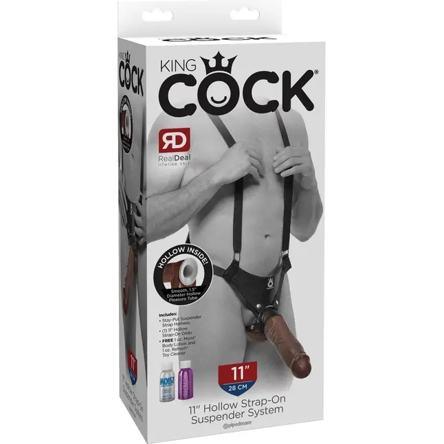 Страпон-система с коричневой насадкой 11 Hollow Strap-On Suspender System - 28 см - King Cock. Фотография 4.
