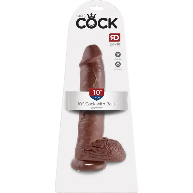 Большой коричневый фаллоимитатор с мошонкой 10 Cock with Balls на присоске - 25,4 см - King Cock. Фотография 5.