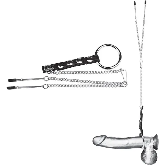 Кольцо на пенис с зажимами на соски 100% PVC STRAP WITH METAL SNAP