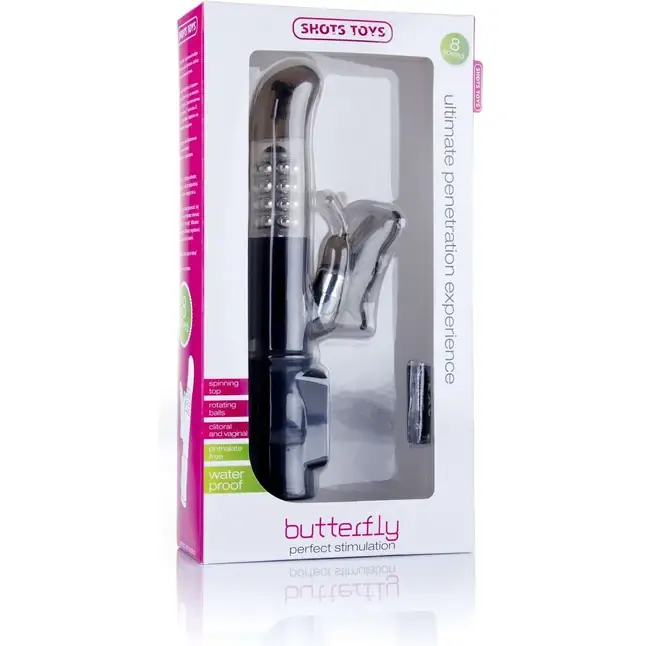 Чёрный вибратор Hi-Tech Butterfly с клиторальной бабочкой - 22,8 см - Shots Toys. Фотография 2.