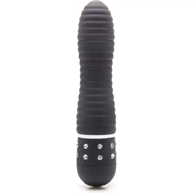 Чёрный мини-вибратор с рёбрышками и стразами Diamond Ribbing Vibe - 11,5 см - Shots Toys