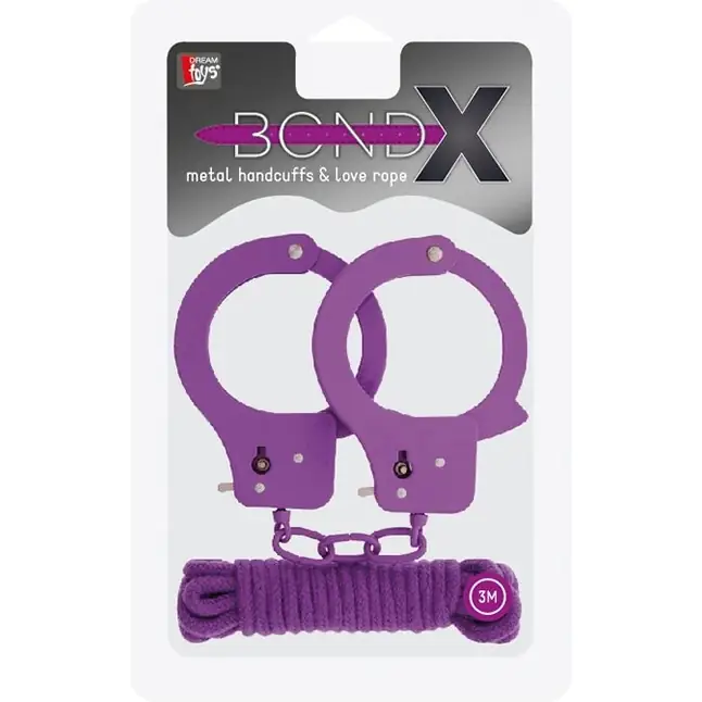 Фиолетовые наручники из листового металла в комплекте с веревкой BONDX METAL CUFFS LOVE ROPE SET - BondX. Фотография 2.