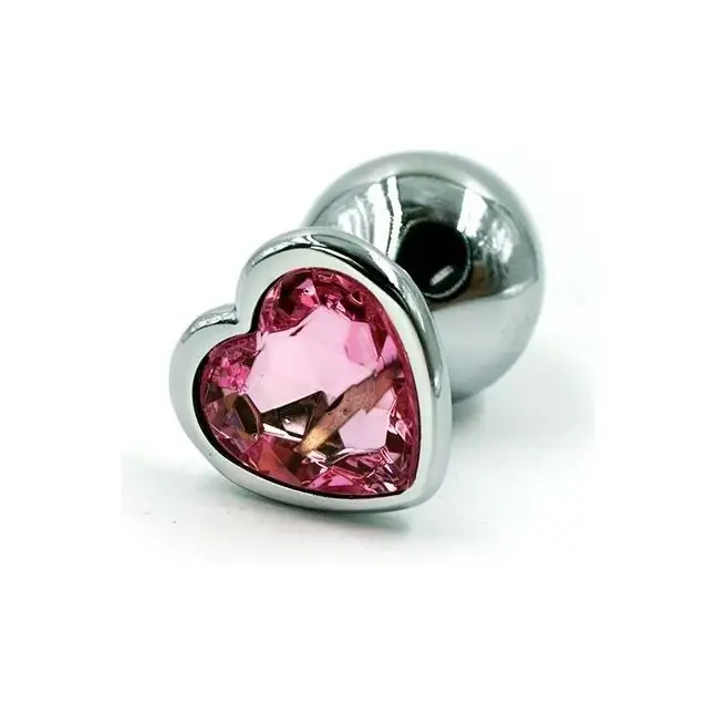 Серебристая анальная пробка с розовым кристаллом-сердцем - 6 см - Kanikule anal plugs