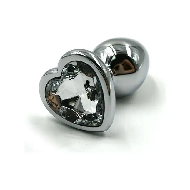 Серебристая анальная пробка с прозрачным сердцем-кристаллом - 6 см - Kanikule anal plugs