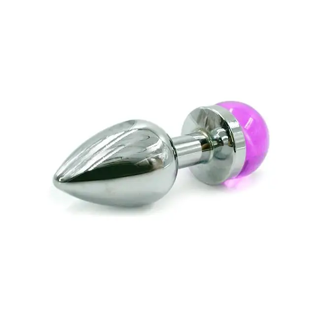 Серебристая анальная пробка с фиолетовой сферой в основании - 6 см - Kanikule anal plugs. Фотография 2.
