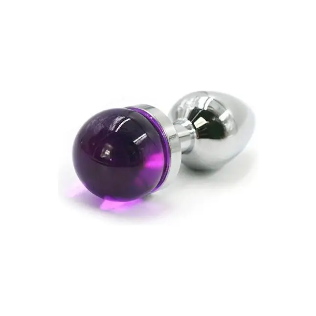 Серебристая анальная пробка с фиолетовой сферой в основании - 6 см - Kanikule anal plugs