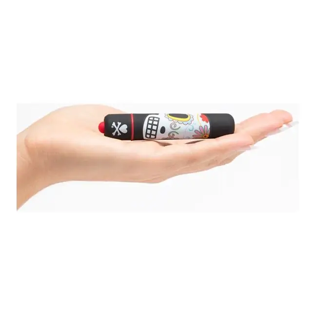 Чёрная вибропуля с раскрашенным черепом MINI BULLET VIBRATOR DIA DE LOS MUERTOS. Фотография 3.