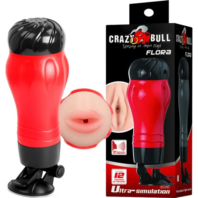 Мастурбатор-ротик с вибрацией, функцией голоса и в колбе с присоской - Crazy Bull