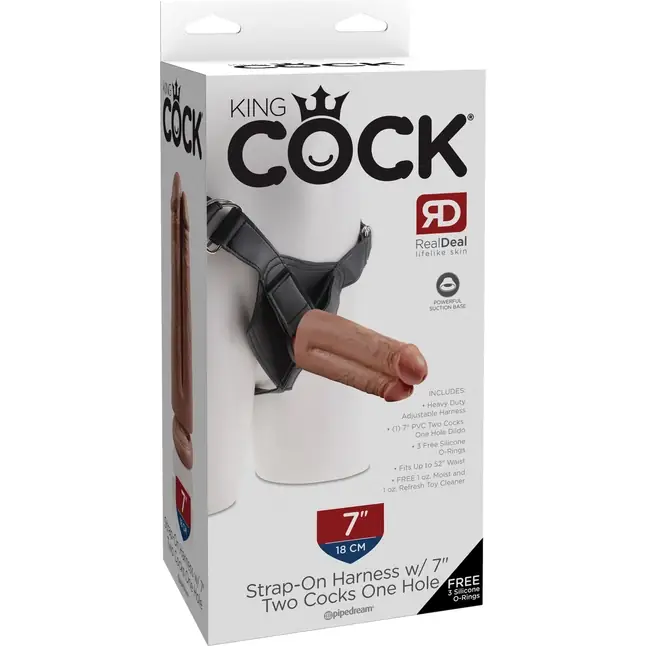 Кофейный сдвоенный поясной страпон Strap-On Harness with 7 Two Cocks One Hole - 19,1 см - King Cock. Фотография 8.