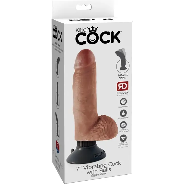 Кофейный вибратор с мошонкой и съемной присоской 7 Vibrating Cock with Balls - 17,8 см - King Cock. Фотография 7.