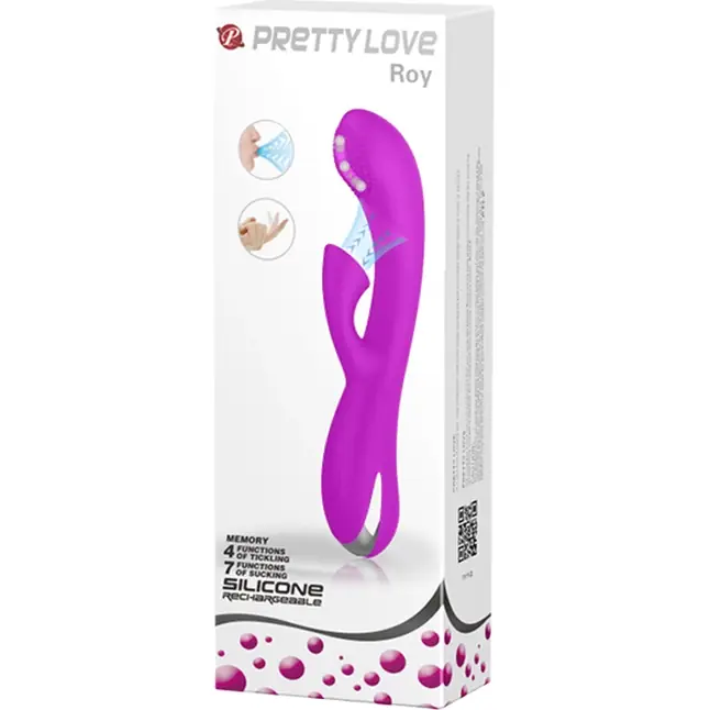 Лиловый вибратор Roy с движущимся элементом и клиторальной помпой - 20,5 см - Pretty Love. Фотография 7.