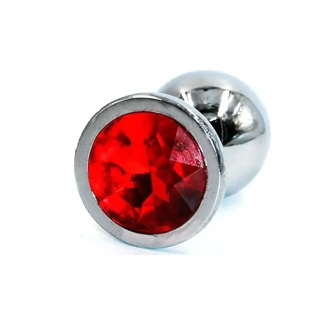 Серебристая анальная пробка среднего размера с красным стразом - 8 см - Kanikule anal plugs