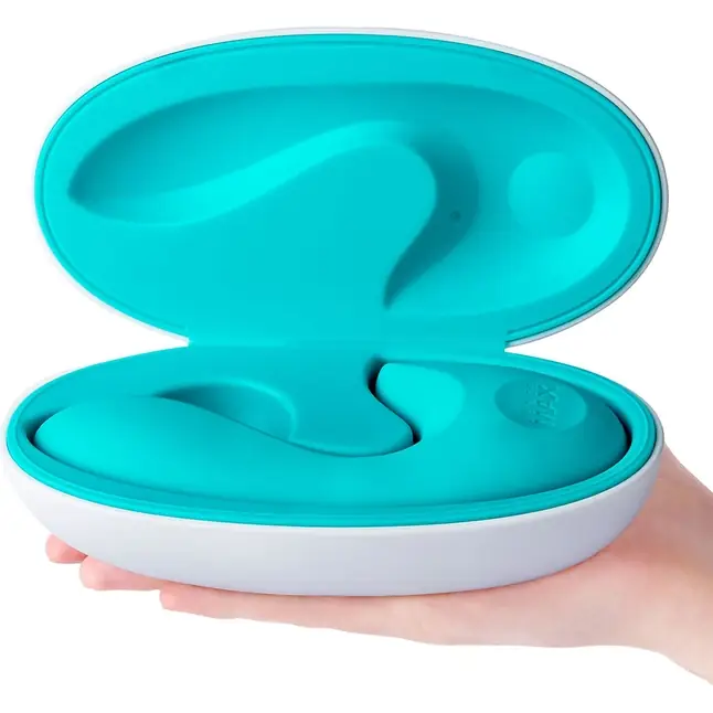 Бирюзовый вибратор Sense Max с клиторальным стимулятором - 16 см. Фотография 3.